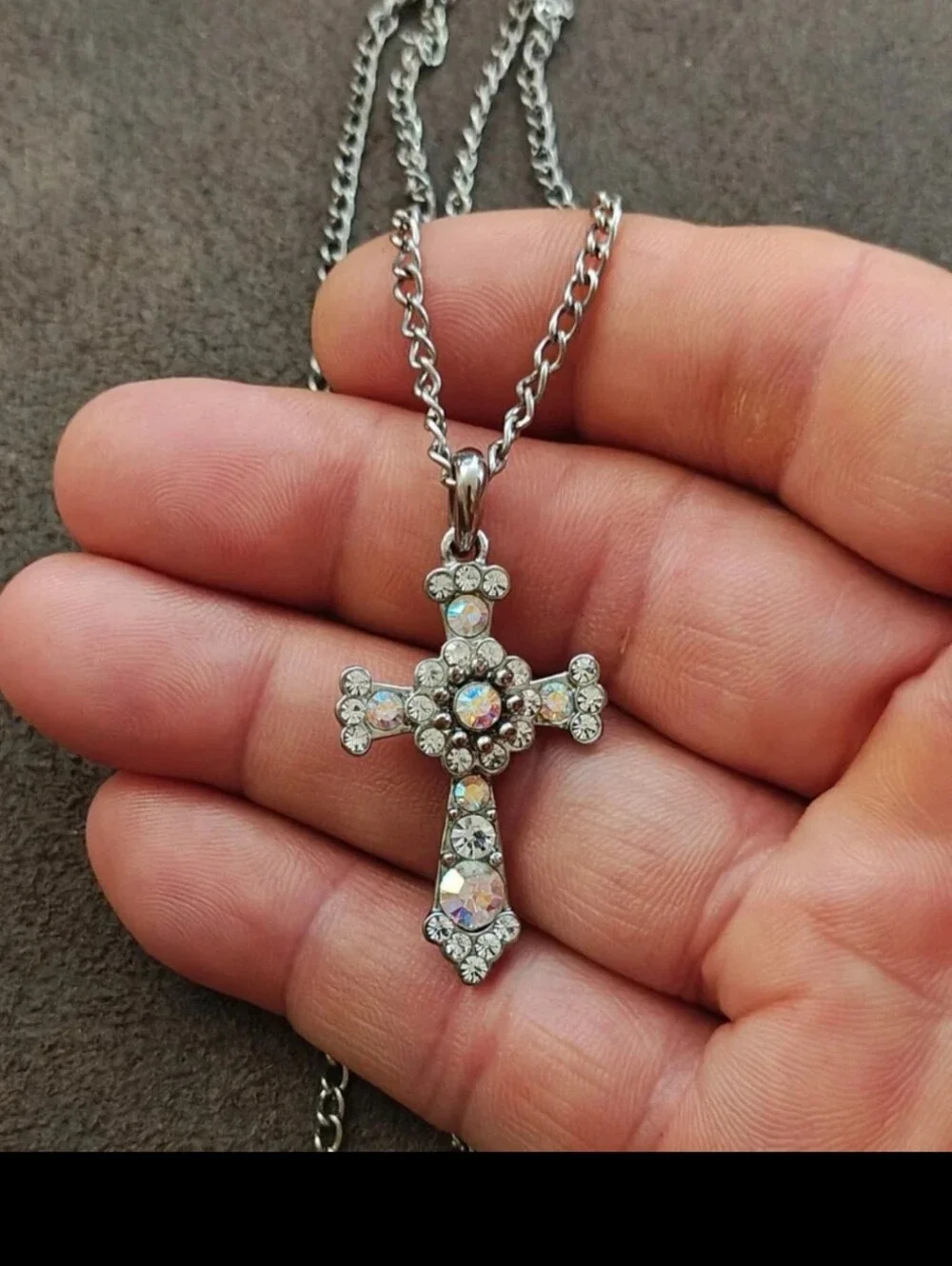 1990s Filigree With Aurora Borealis Rhinestones Silver Tone Cross Necklace